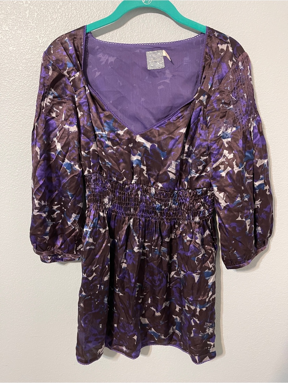 Flounce Purple Floral Blouse 100% Silk Smocked Puff Sleeve Whimsigoth Top Medium